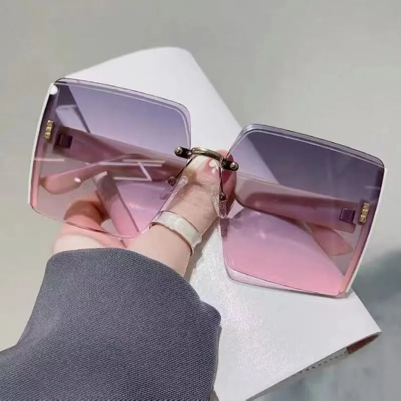 Oversized Frameless Square Sunglasses - Printed Logo - Cream White Frame Grey Pink Lens
