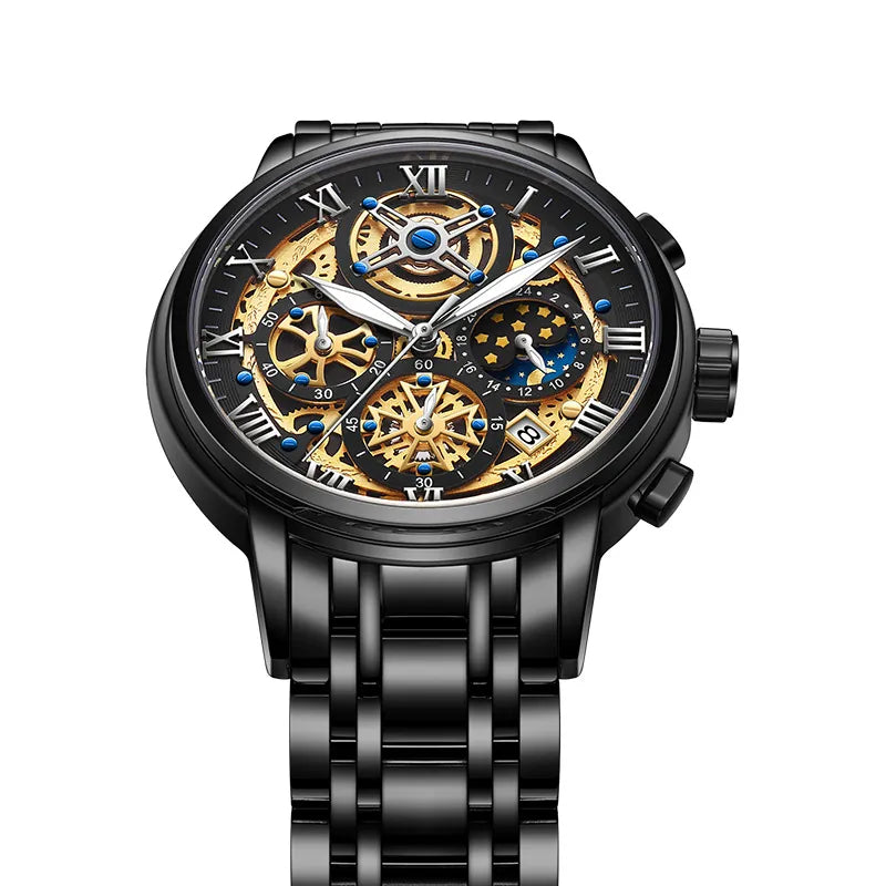 Men's Luxury Skeleton Moon Phase Quartz Watch