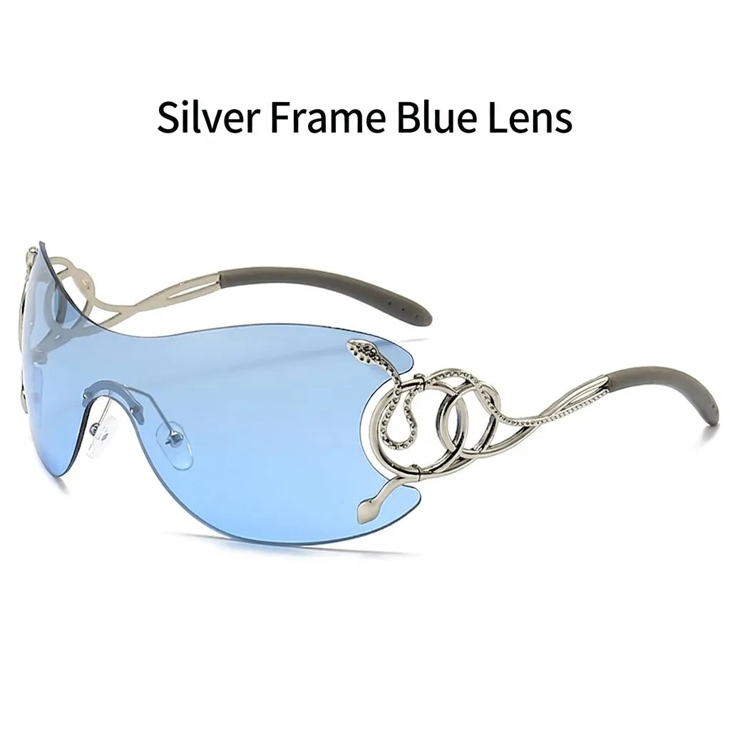 Sunglasses with silver frame and blue lenses on a white background