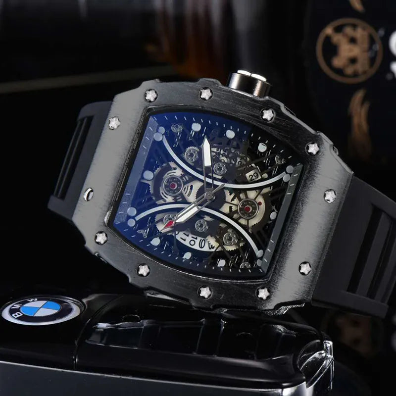 Men's Skeleton Quartz Sport Watch - 1704 Black Shell Black