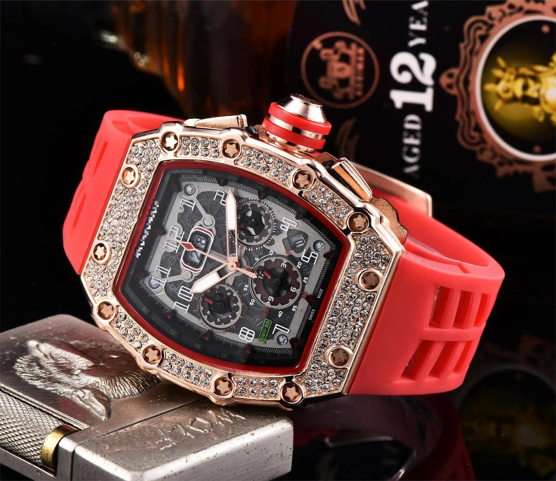 Men's Luxury Tonneau Skeleton Watch - Orange Dial Rose Gold Case Orange Strap