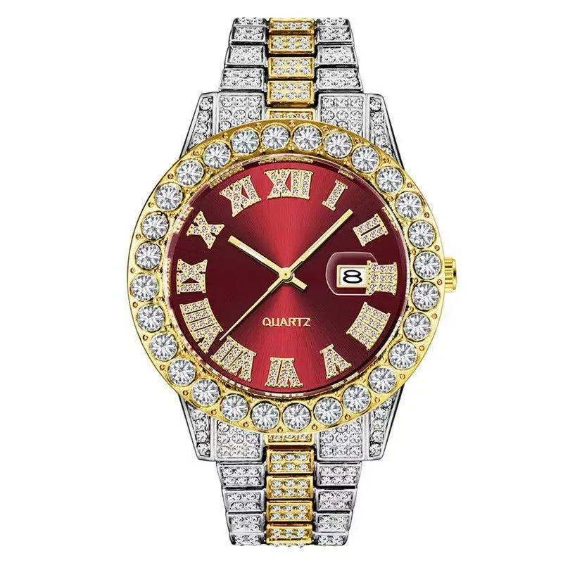 Men's Iced Out Full Rhinestone Hip Hop Watch - Silver Case Black Dial