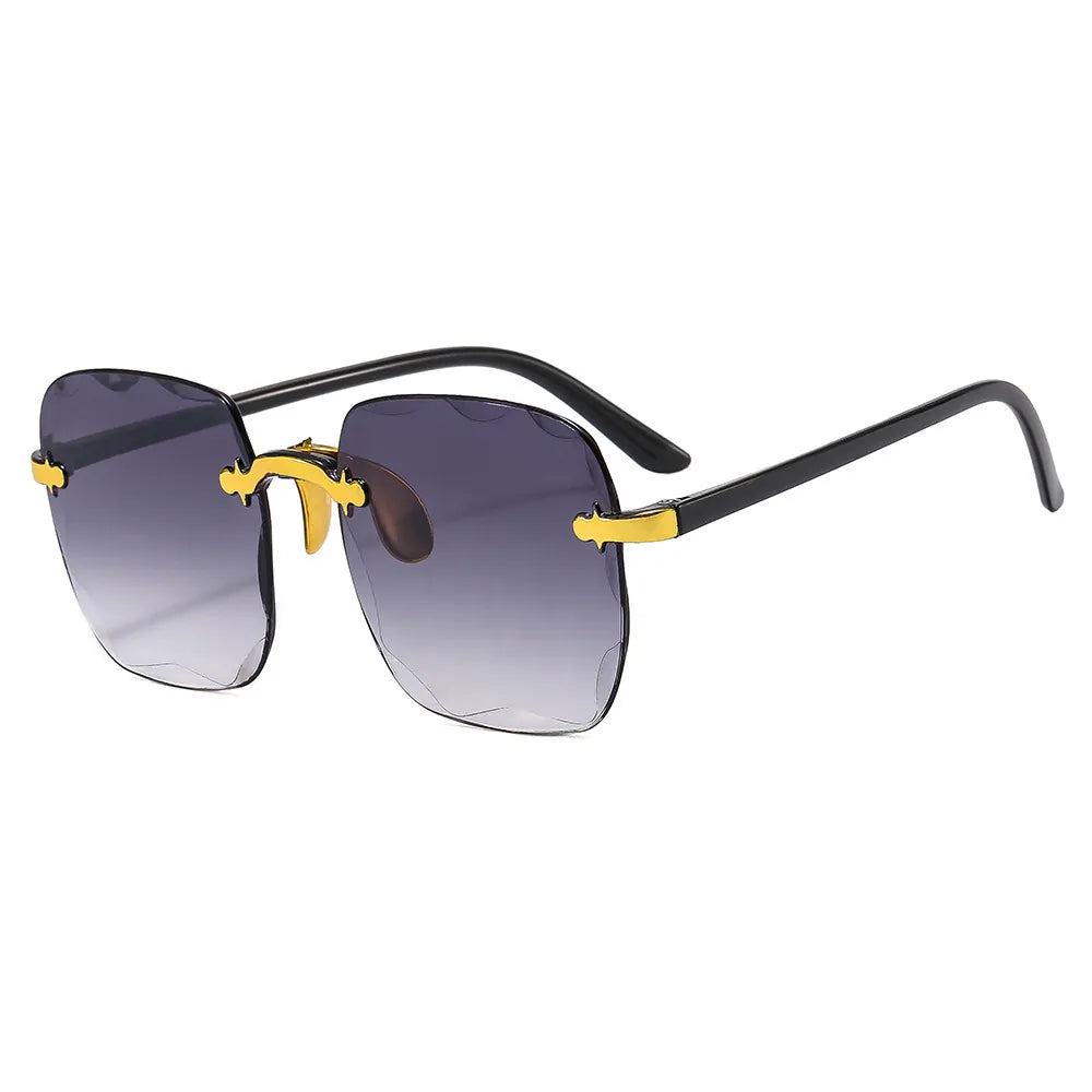 Sunglasses with black frame and yellow accents on a white background