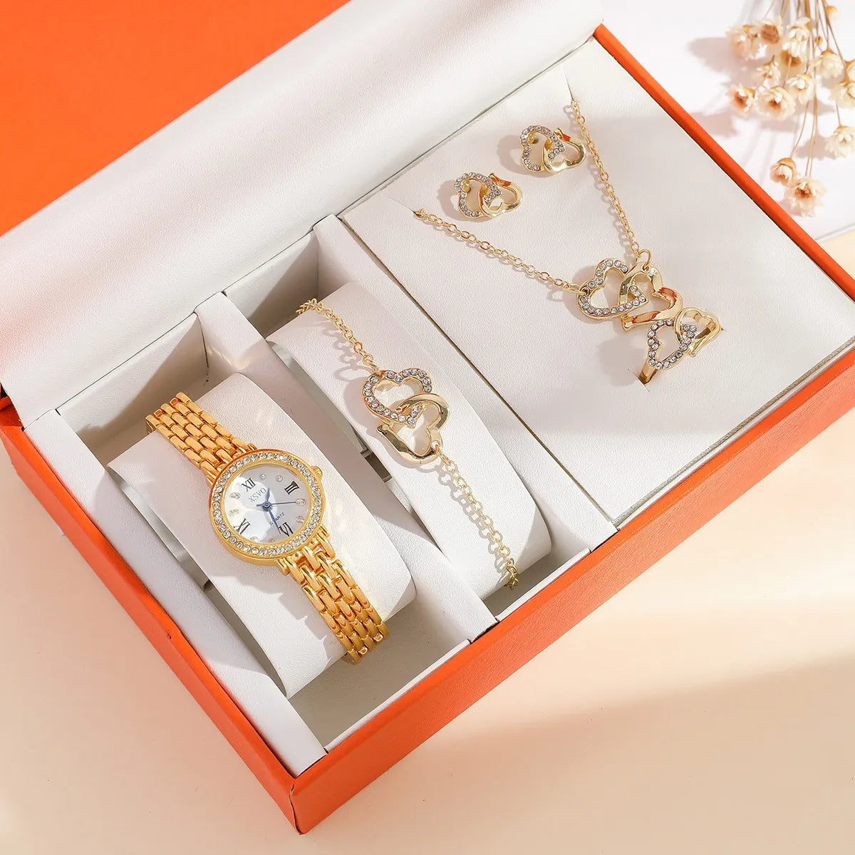 Women's Rhinestone Clover Heart Watch & Jewelry Set