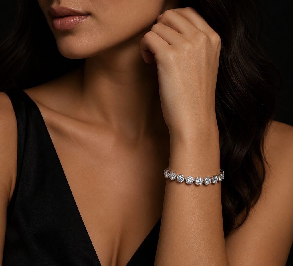 Close-up of a woman wearing a cz bracelet on a dark background