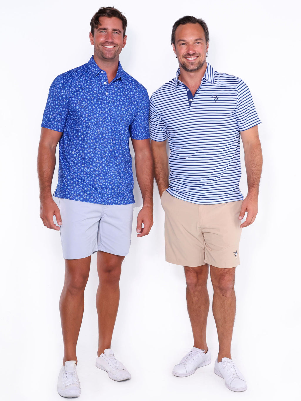 Two men wearing blue and white patterned polo shirts with shorts on a white background