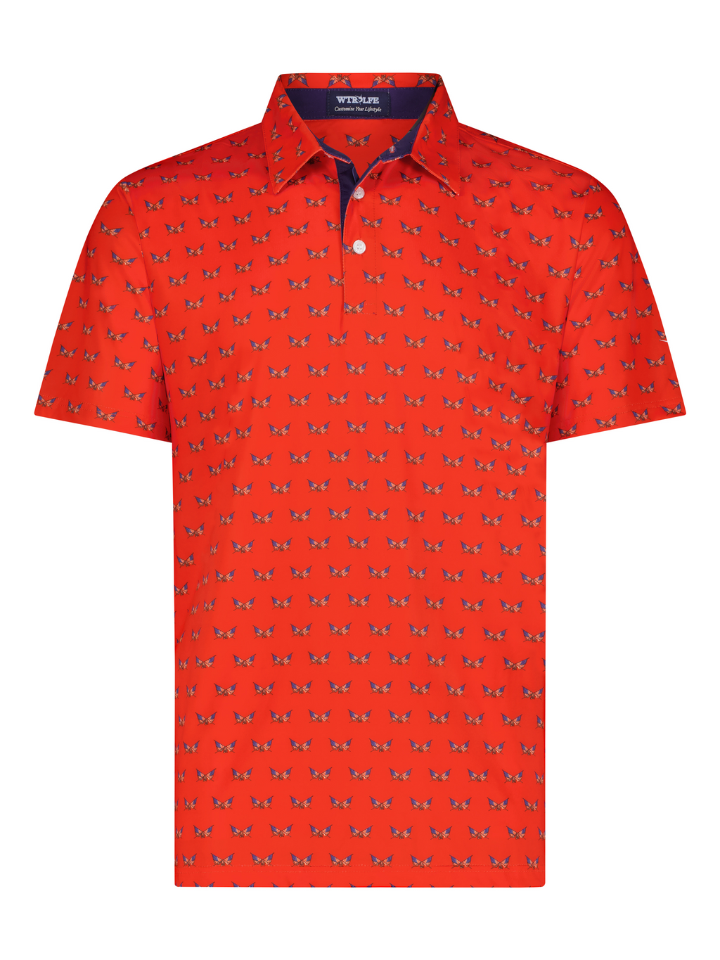 Red polo shirt with a pattern on a white background