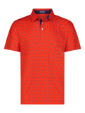 Red polo shirt with a pattern on a white background
