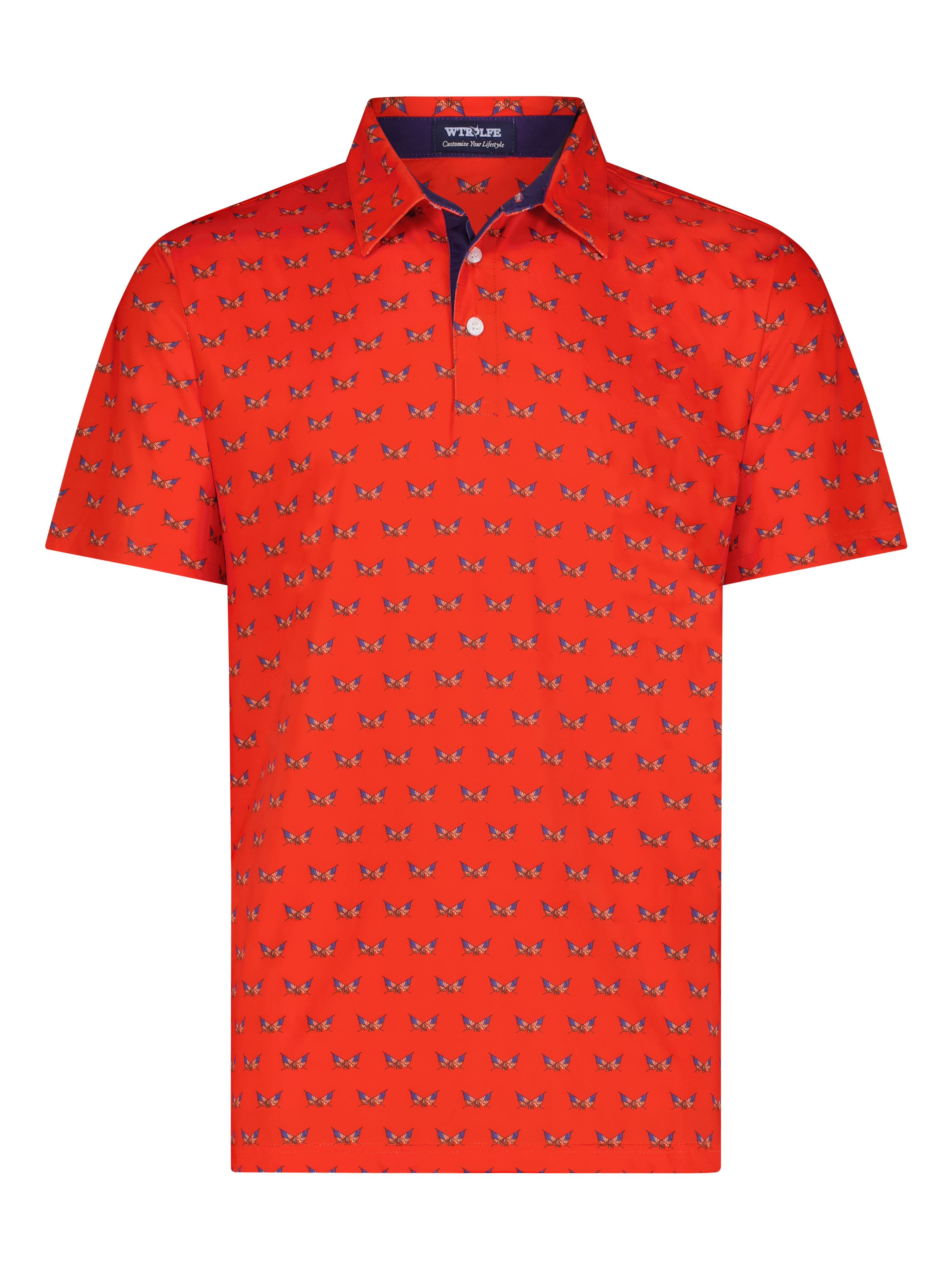 Red polo shirt with a pattern on a white background