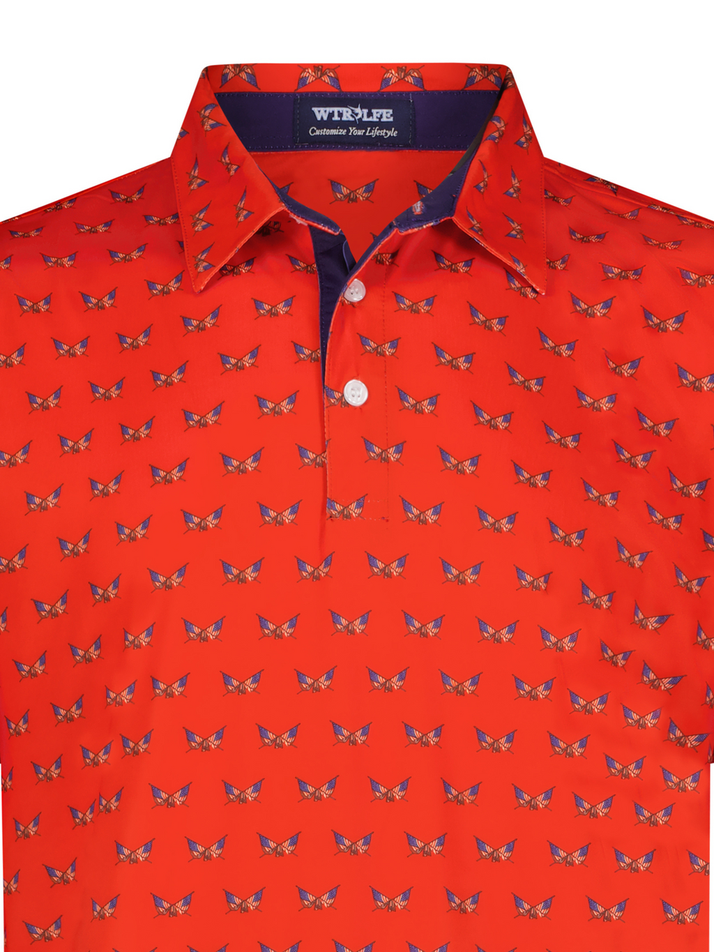Red polo shirt with butterfly pattern and visible brand label on a white background
