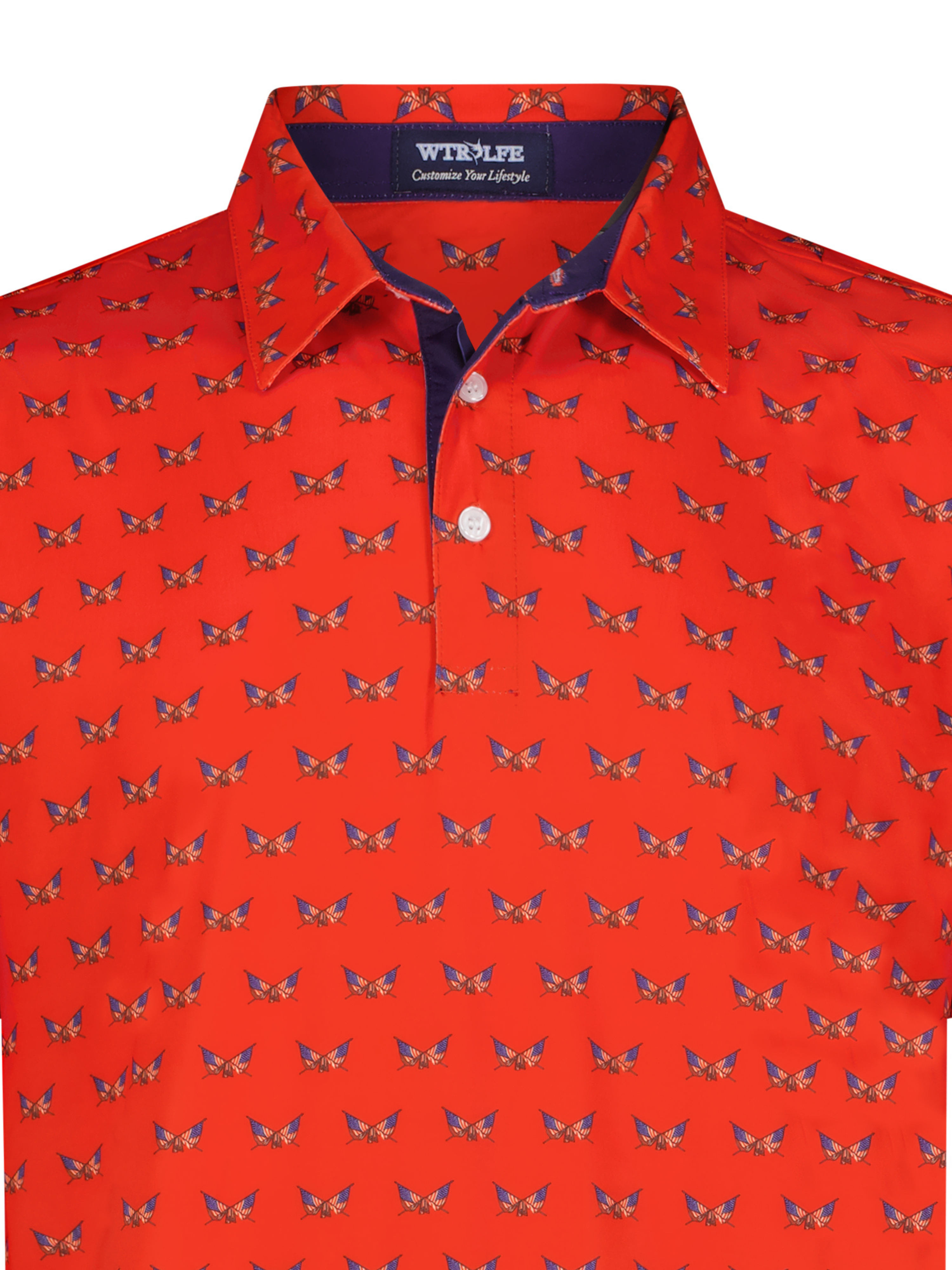 Red polo shirt with butterfly pattern and visible brand label on a white background