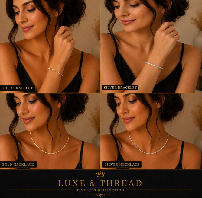 Collage of a woman wearing gold and silver bracelets and necklaces with Luxe & Thread branding.