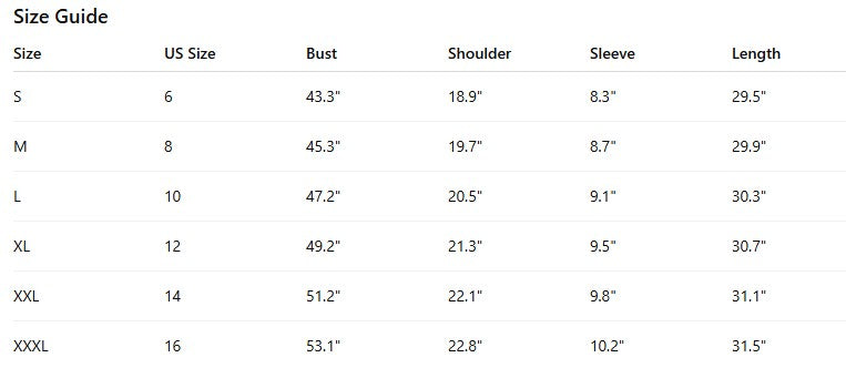 Size guide chart for clothing with measurements in inches