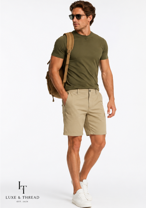 Man wearing an olive green t-shirt and beige shorts with a backpack on a white background, featuring the Luxe & Thread brand.
