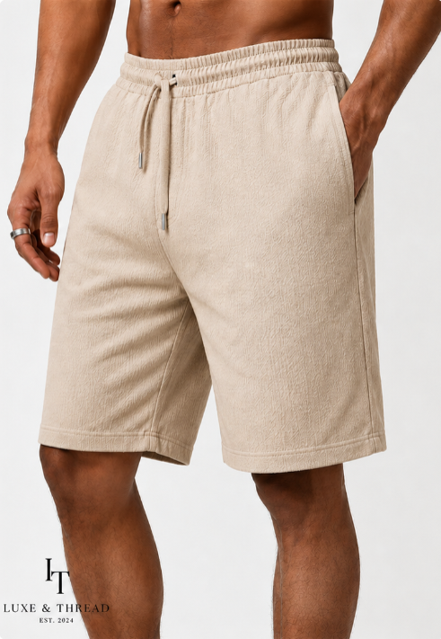 Beige shorts worn by a person on a light gray background with Luxe & Thread branding.
