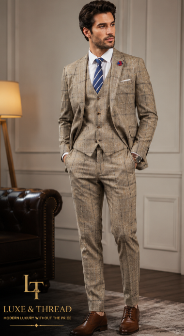 Man wearing a beige plaid suit with a blue tie in an elegant room.