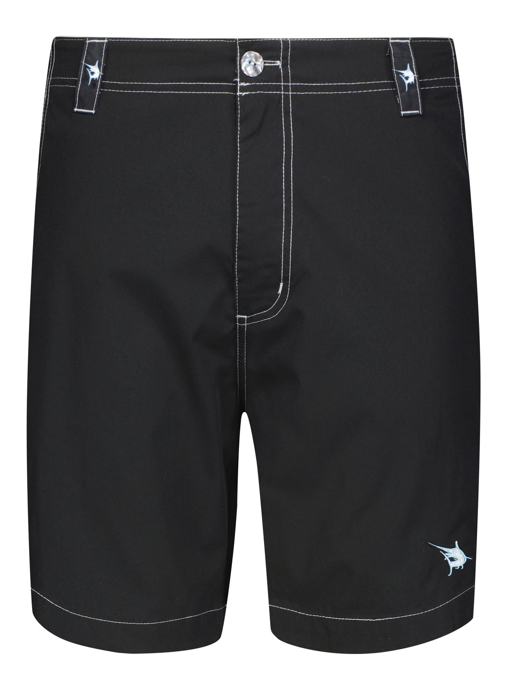 Black shorts with white stitching on a white background