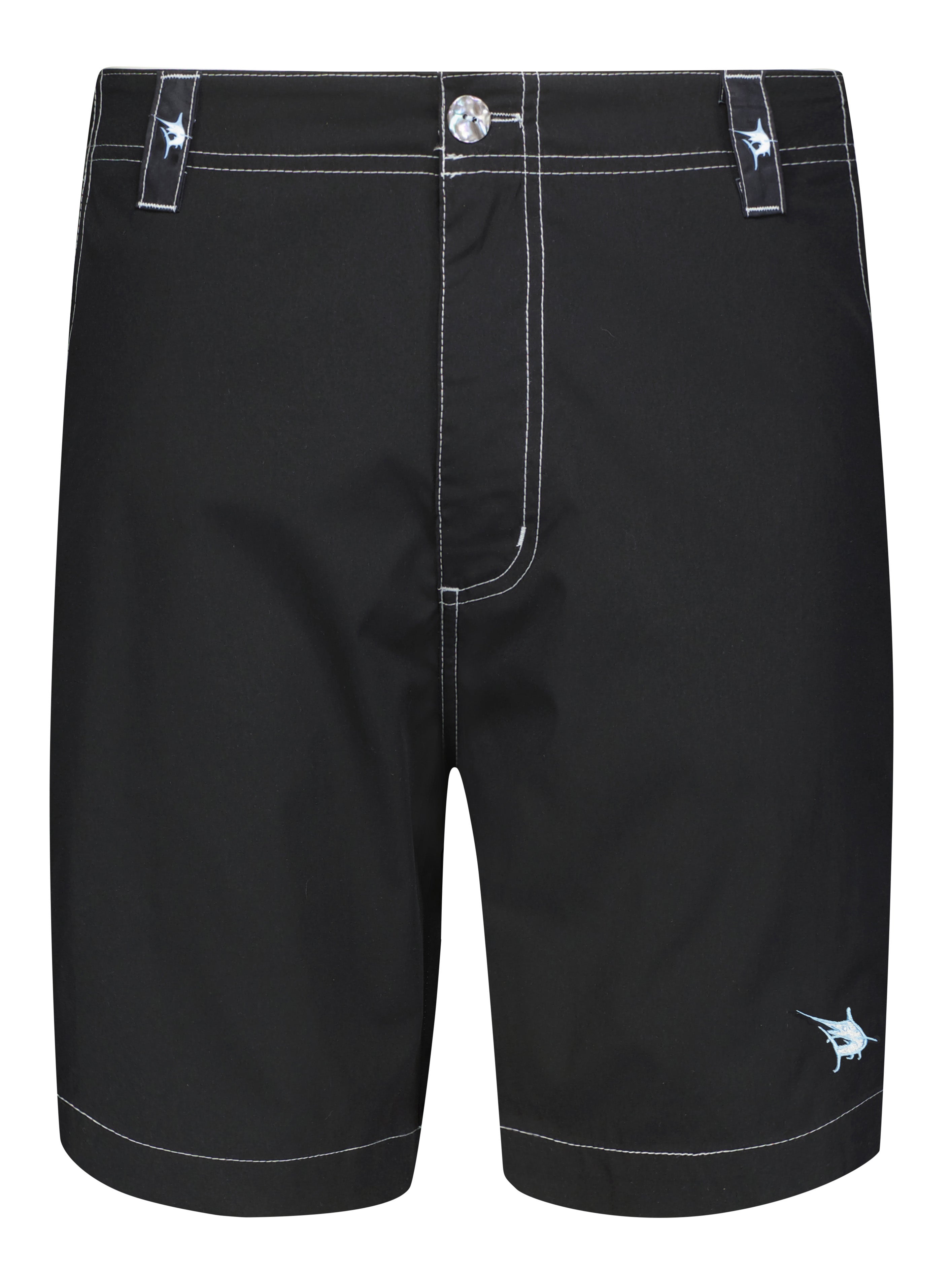 Black shorts with white stitching on a white background