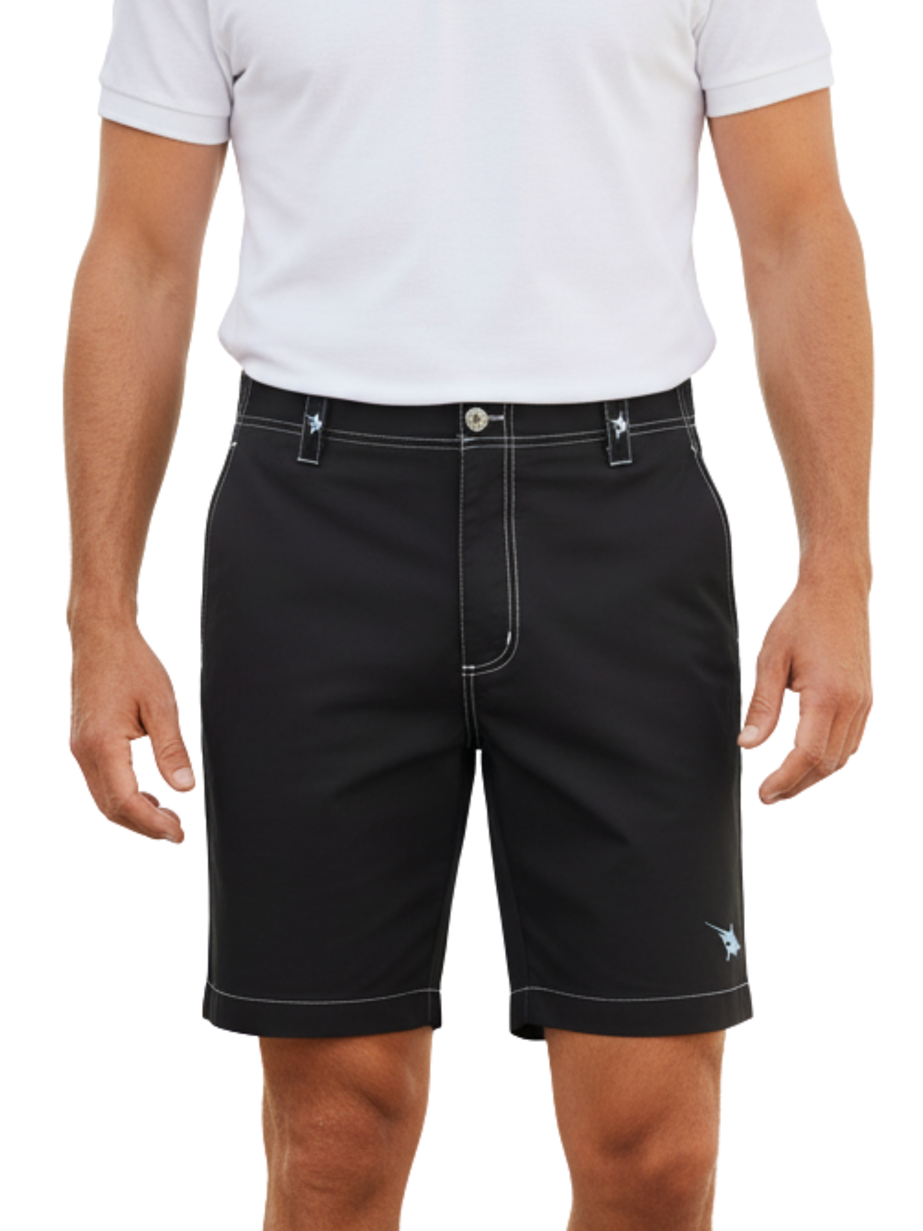 Person wearing black shorts with a brand logo on a white background