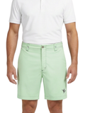 Person wearing light green shorts and a white polo shirt on a white background