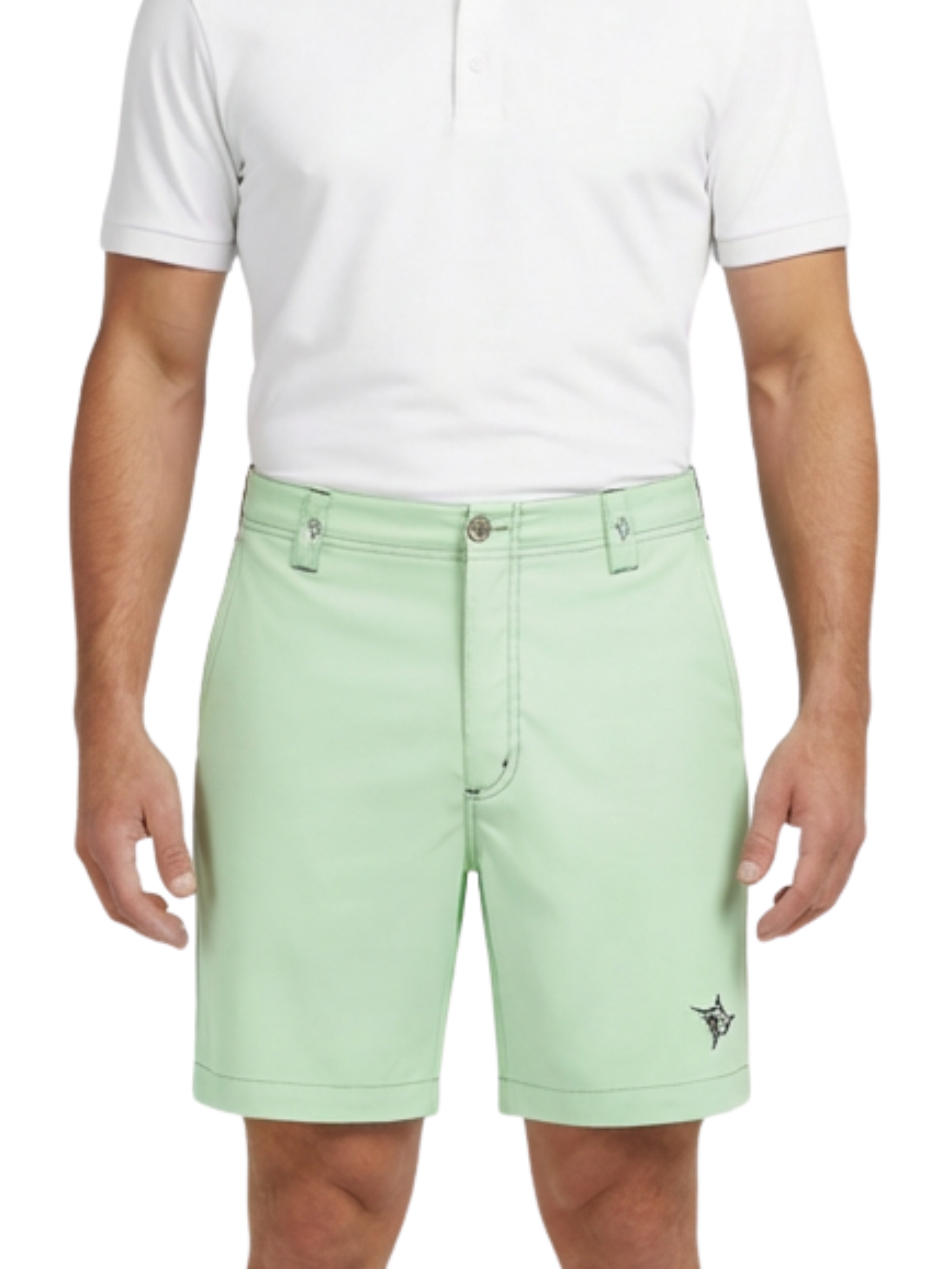 Person wearing light green shorts and a white polo shirt on a white background