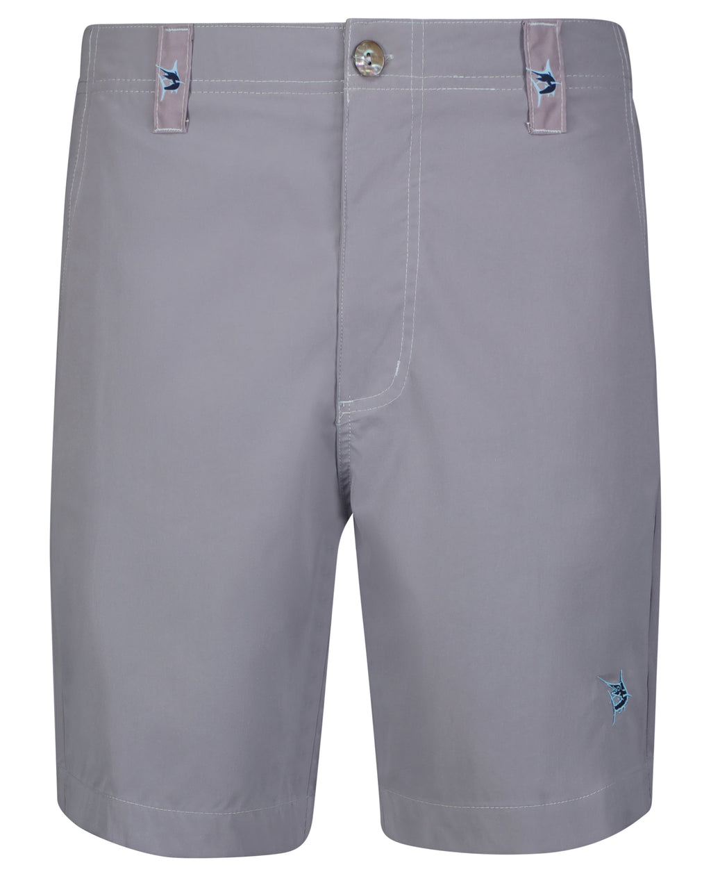 Gray shorts with button and strap details on a white background