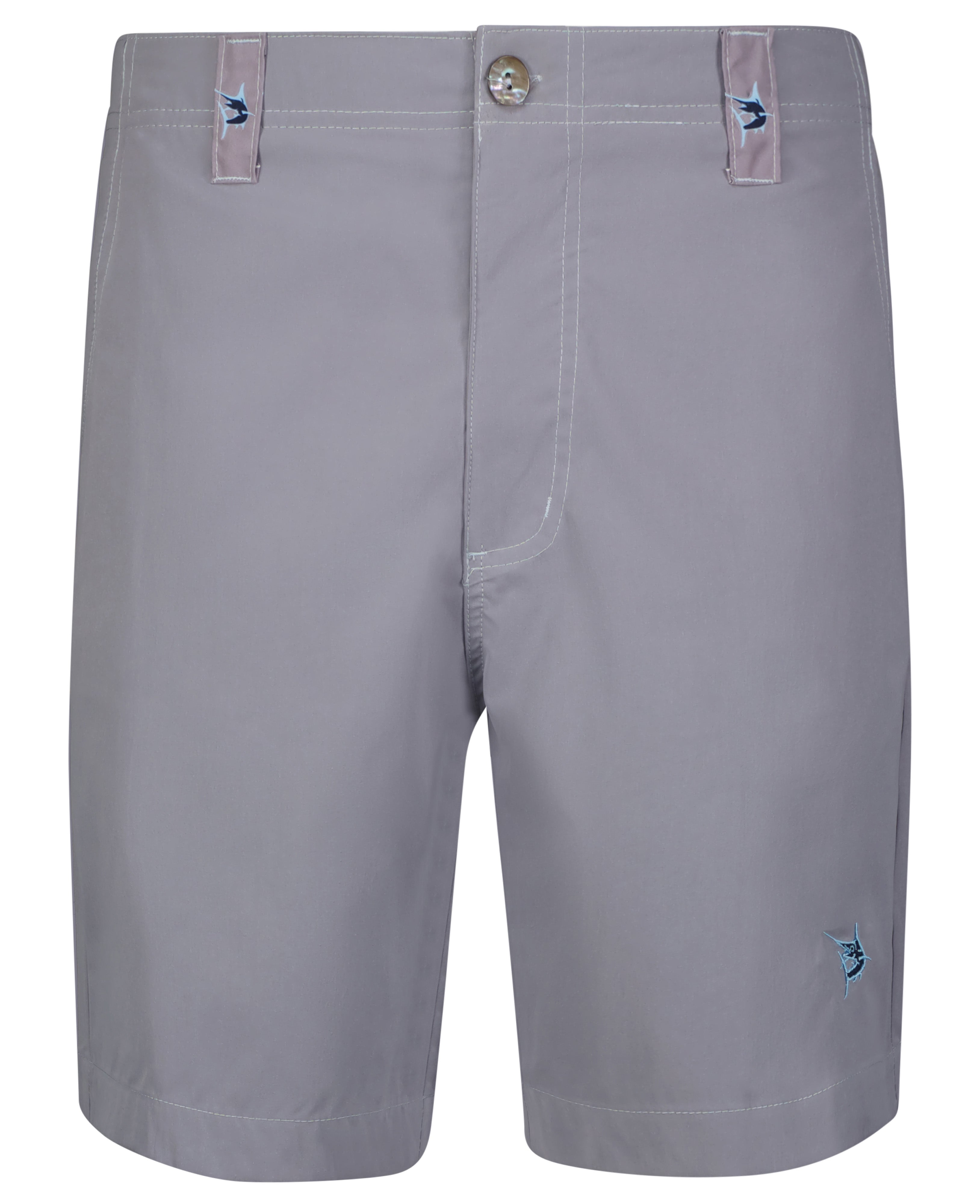Gray shorts with button and strap details on a white background