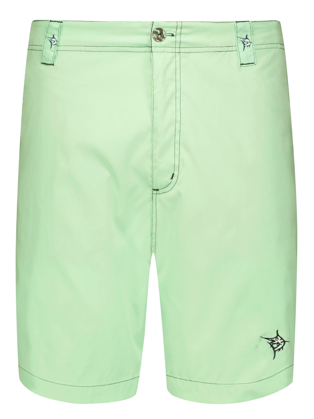 Light green shorts with a small logo on a white background