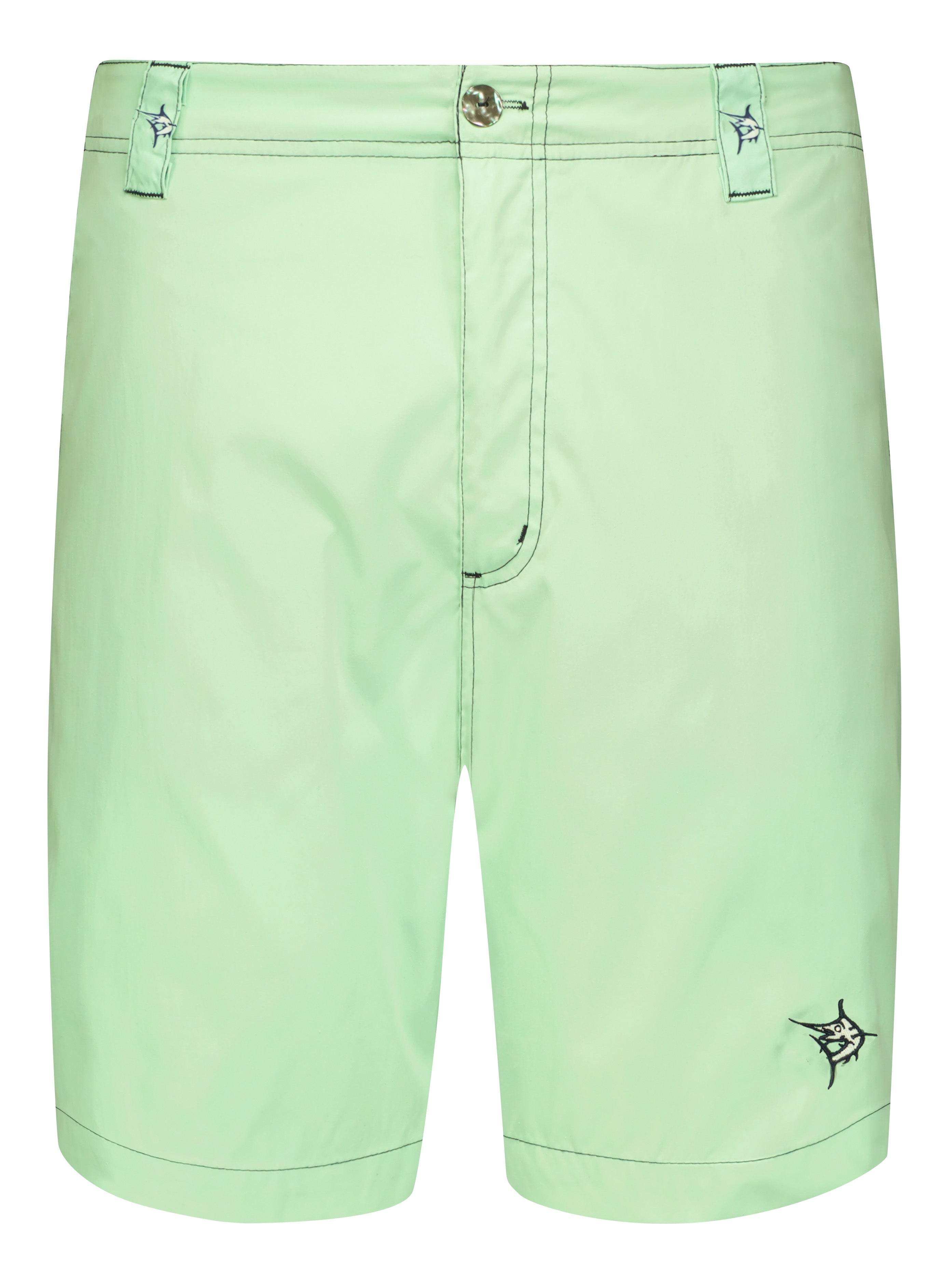 Light green shorts with a small logo on a white background