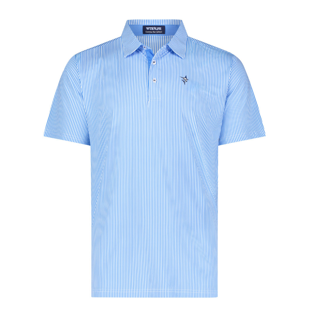 Blue striped polo shirt on a white background