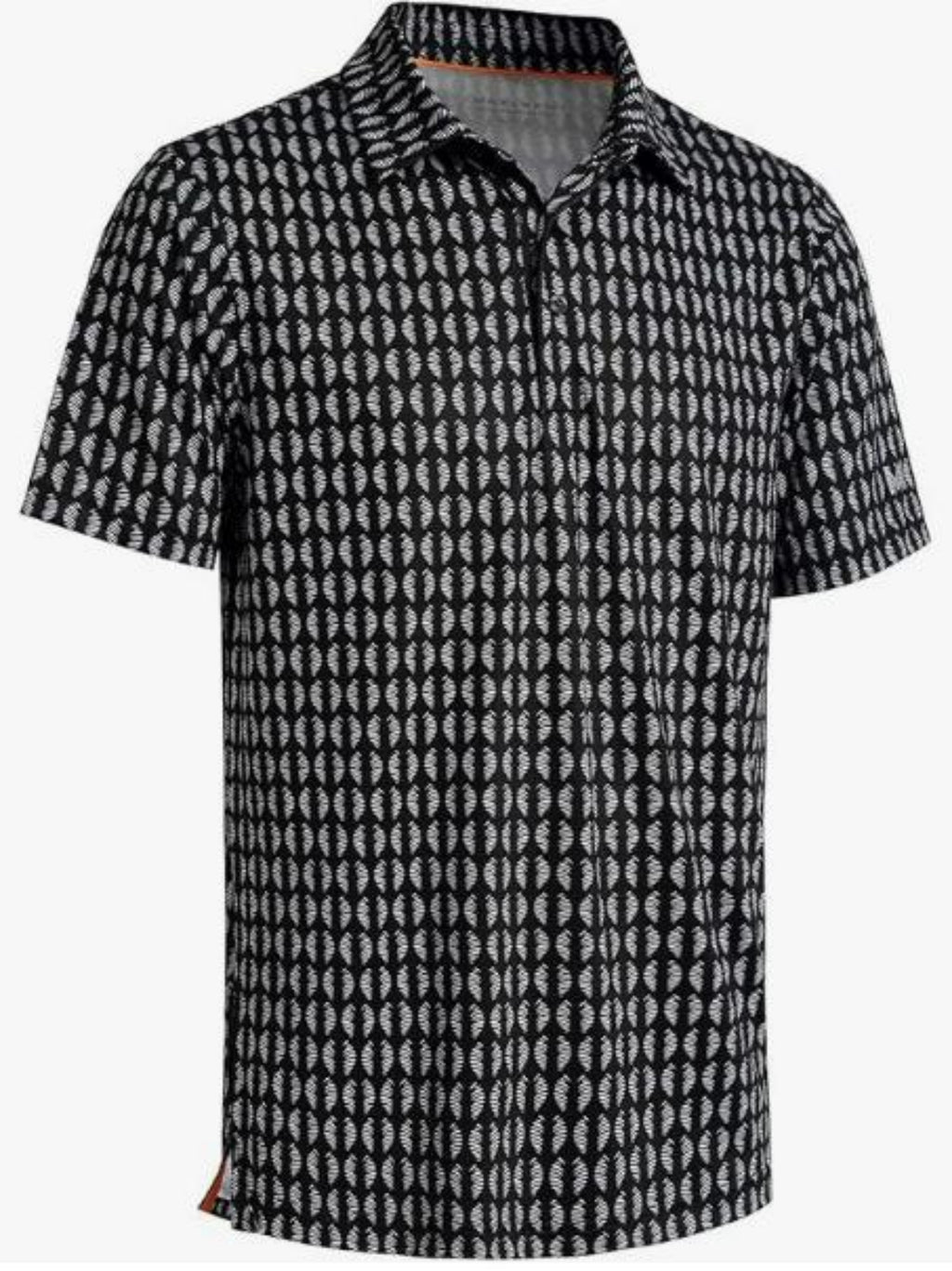 Black and white patterned short-sleeve shirt on a white background
