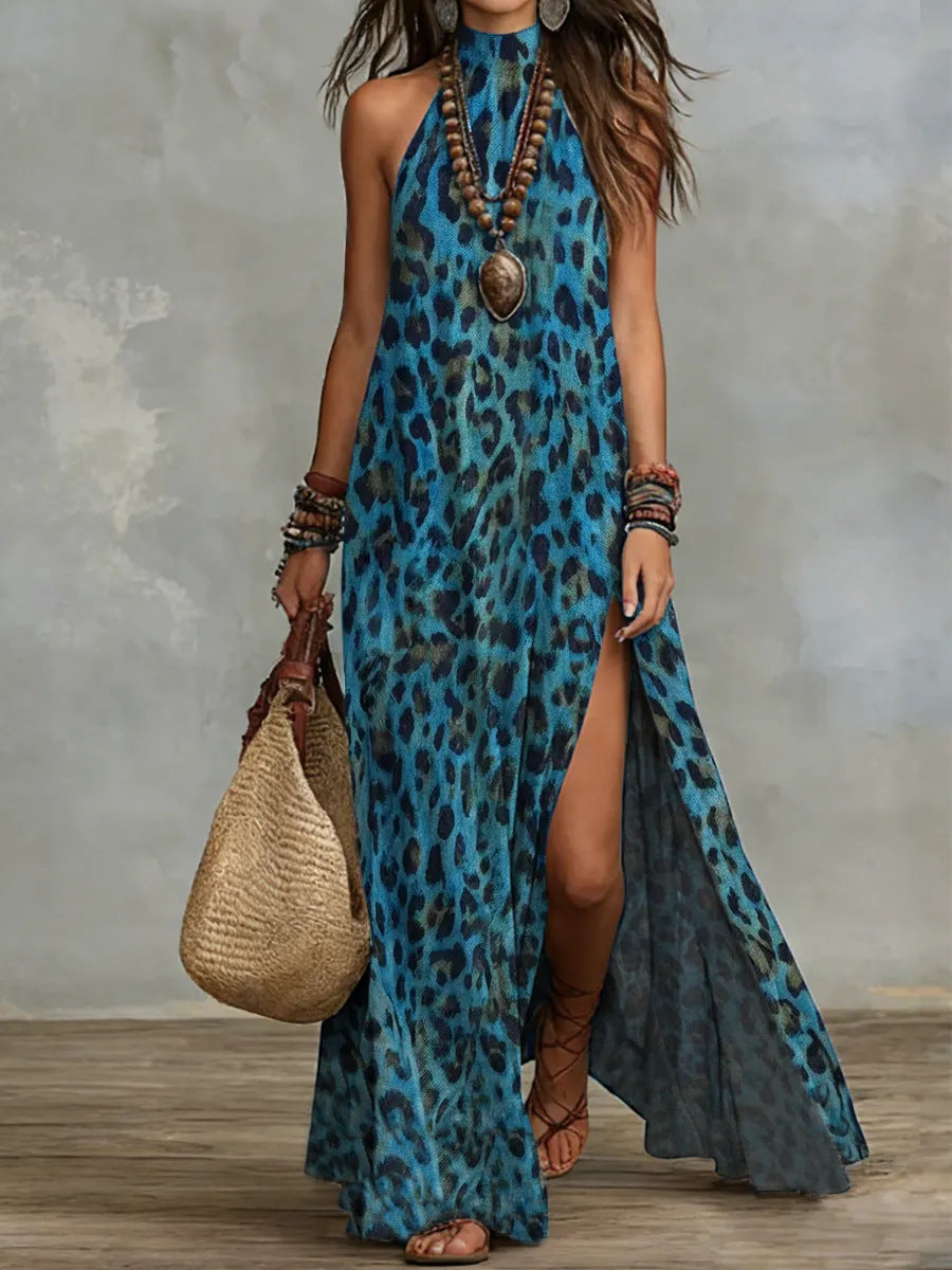 Woman wearing a blue leopard print dress with a neutral background