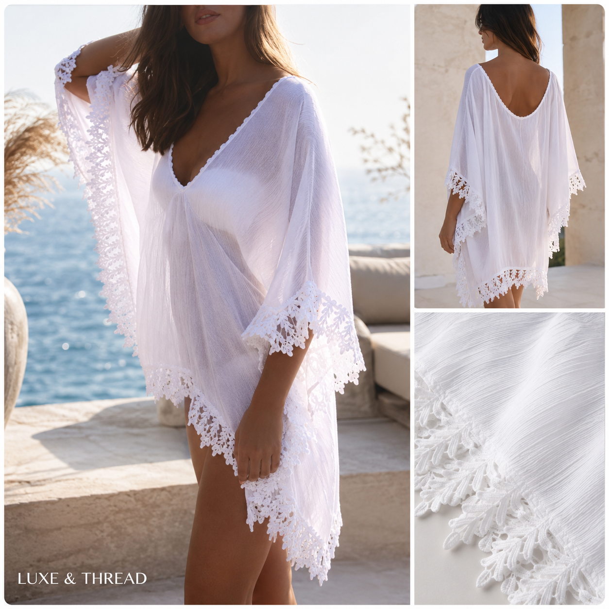 White lace cover-up dress with scenic background
