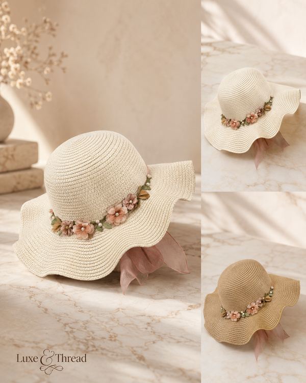 Beige sun hat with floral embellishments on a marble surface, featuring the brand 'Luxe & Thread'.