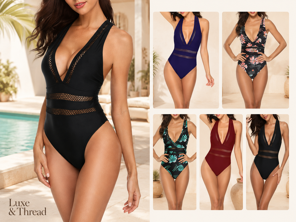 Collage of women wearing various swimsuits with a pool in the background.