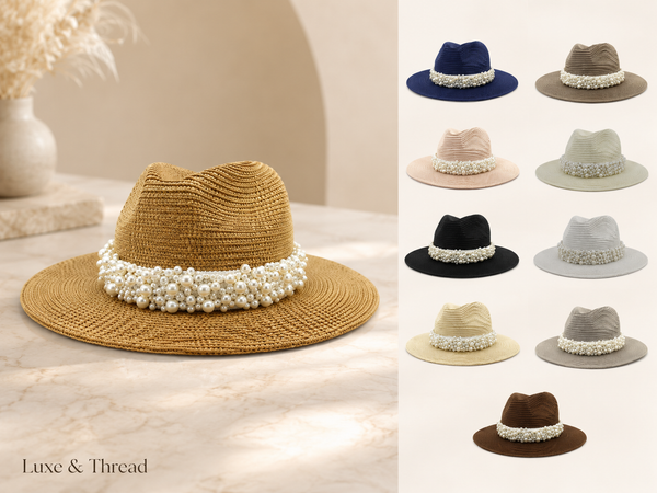 Woven hat with pearl embellishments on a light surface, with additional hats shown in various colors.