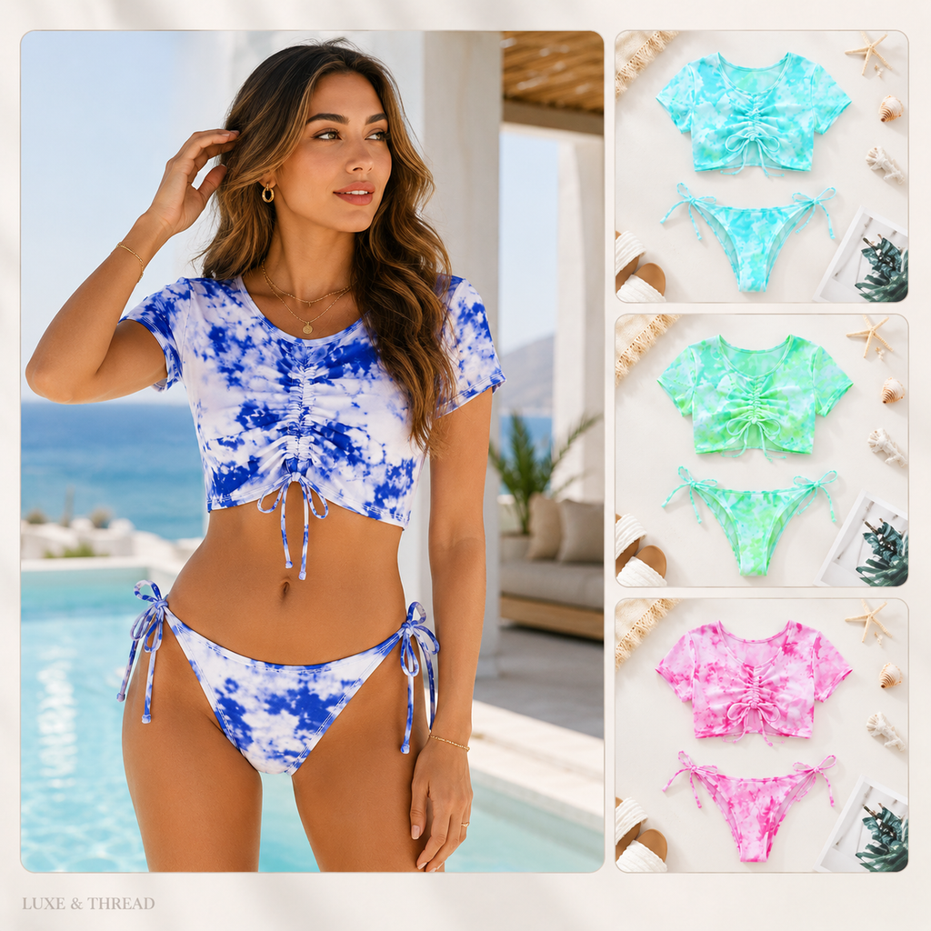 Woman wearing a blue tie-dye bikini with additional images of green and pink tie-dye bikinis.