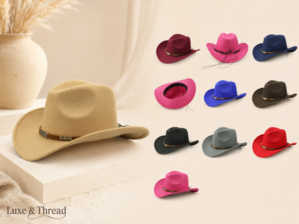 Collection of colorful cowboy hats on a light background with 'Luxe & Thread' branding.