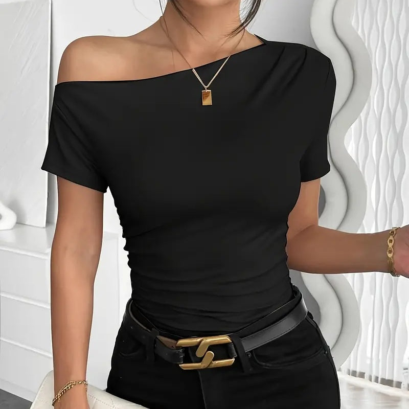 Women’s Y2K Ruched One-Shoulder Summer Top – Slim Fit Asymmetrical Shirt