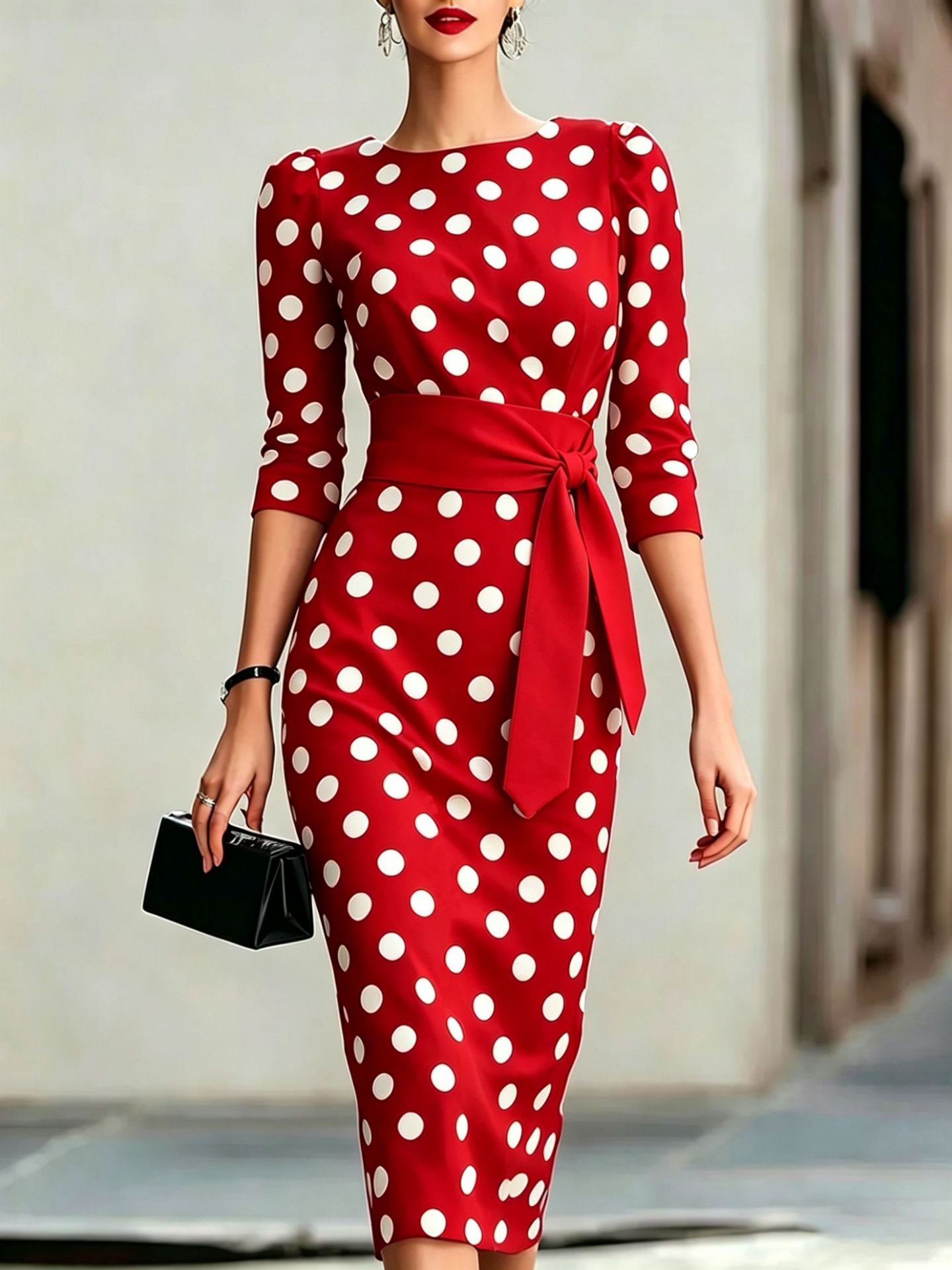Red dress with white polka dots worn by a person, standing against a neutral background.