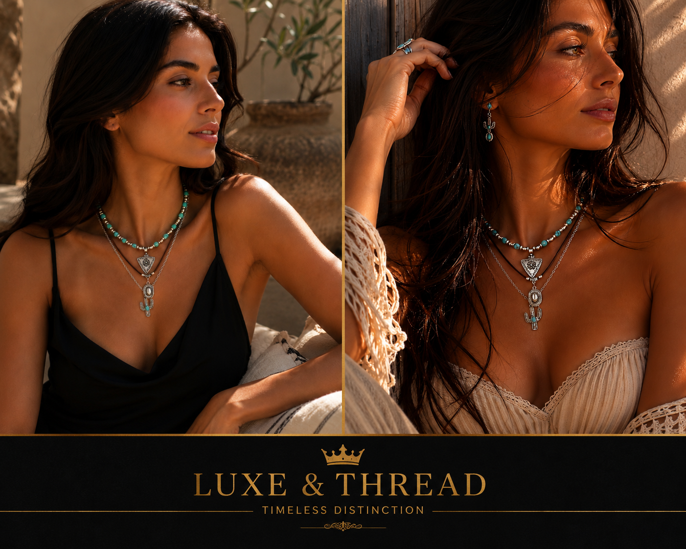 Two women wearing necklaces with 'Luxe & Thread' branding.