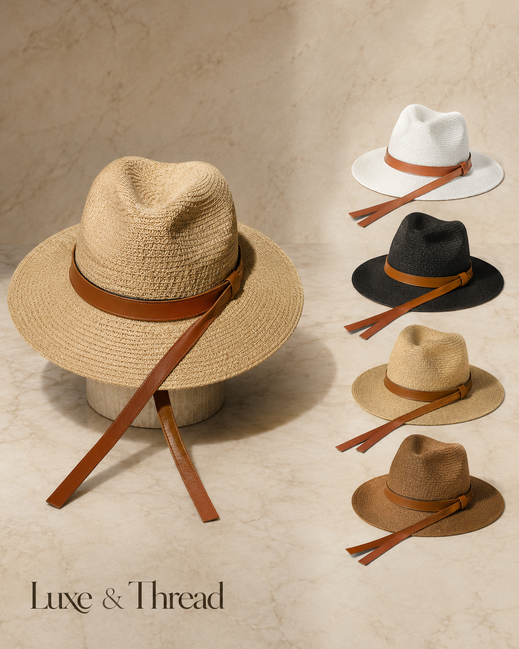 Collection of hats with brown straps on a beige background, featuring the brand 'Luxe & Thread'.