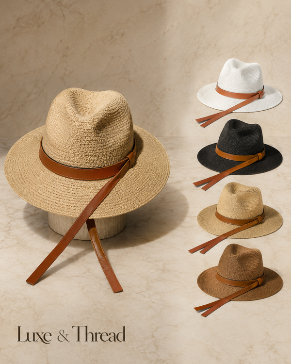 Collection of hats with brown straps on a beige background, featuring the brand 'Luxe & Thread'.