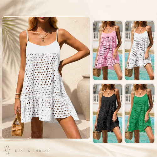 Woman wearing a white polka dot dress with poolside background, surrounded by other color variations of the same dress.
