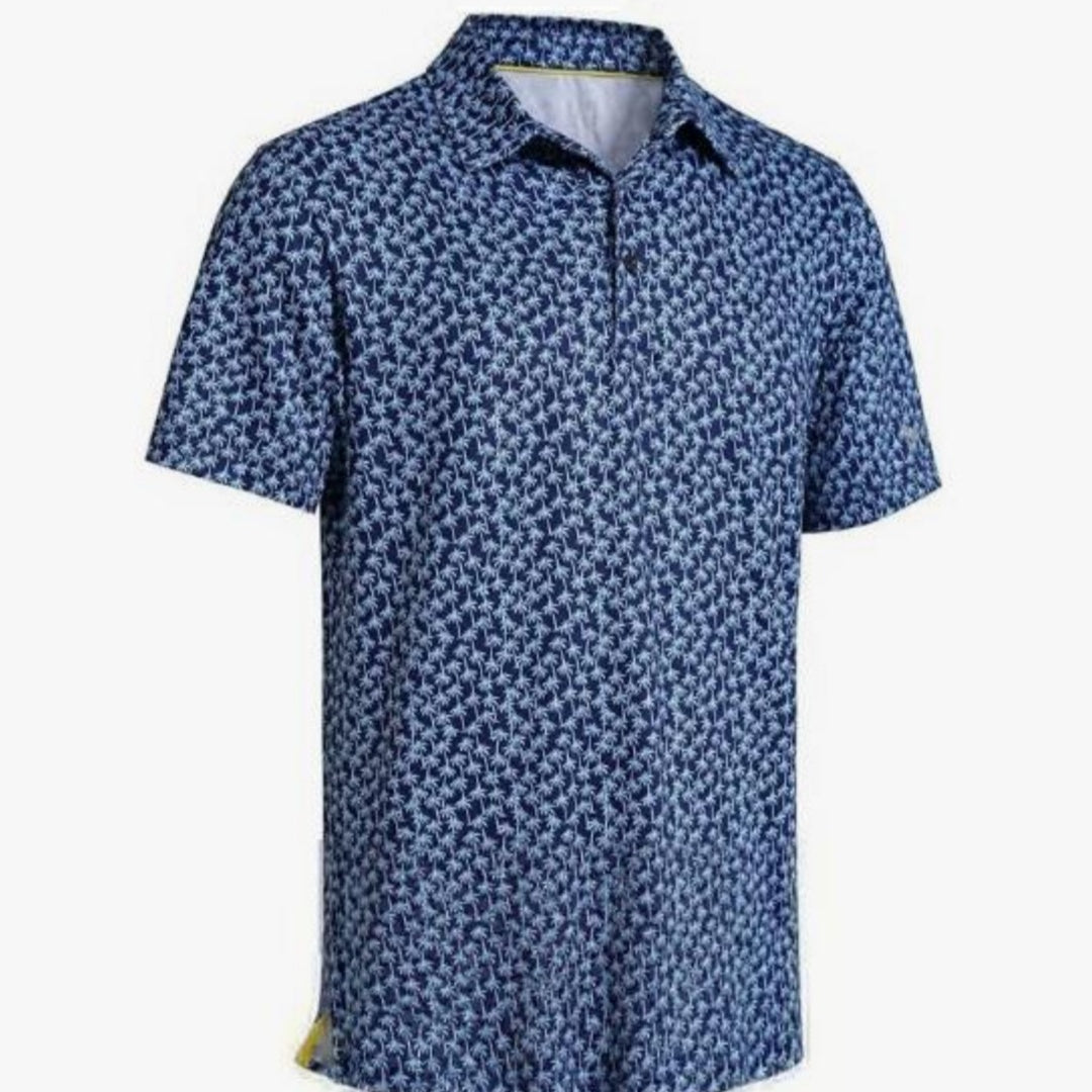 Blue patterned polo shirt on a white background