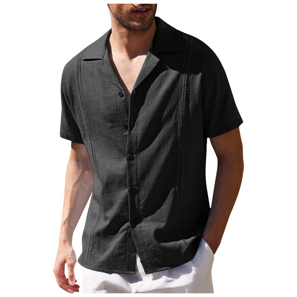 Man wearing a black short-sleeve shirt on a white background