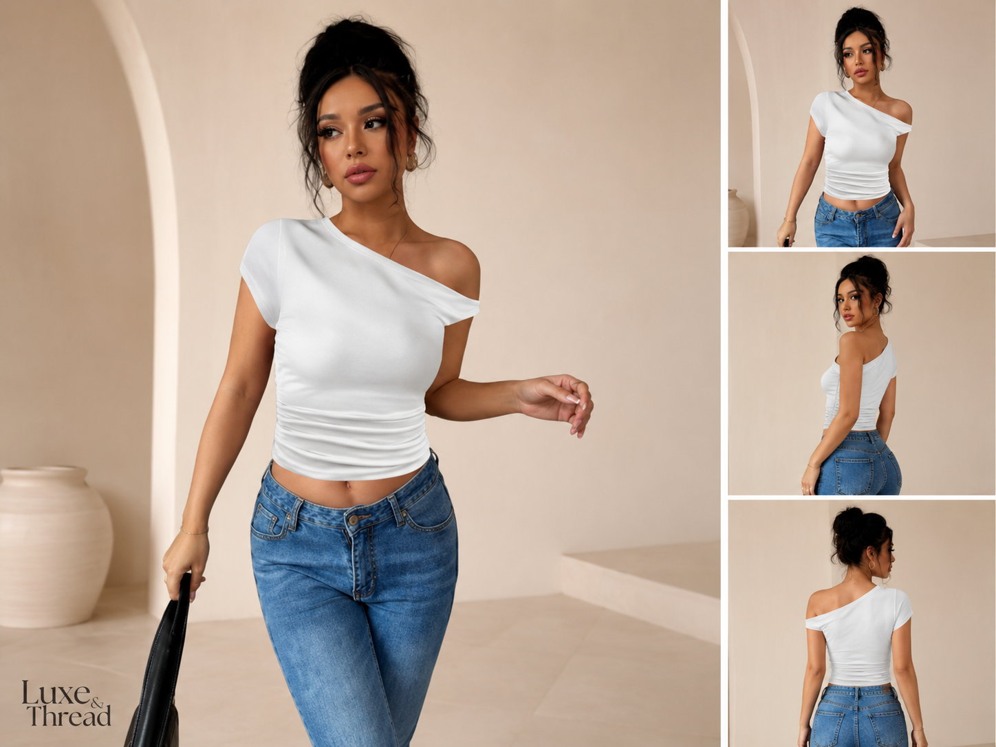 Woman wearing a white one-shoulder top and blue jeans in a neutral setting with 'Luxe Thread' branding.