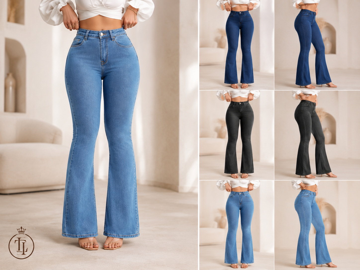 Woman wearing blue flared jeans with multiple views in a collage.