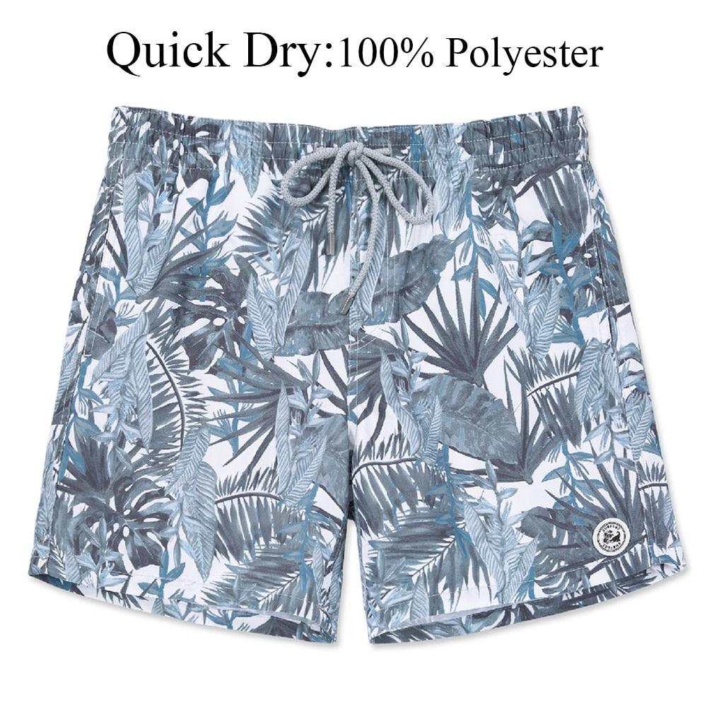 Blue leaf-patterned shorts with quick dry and 100% polyester text on a white background